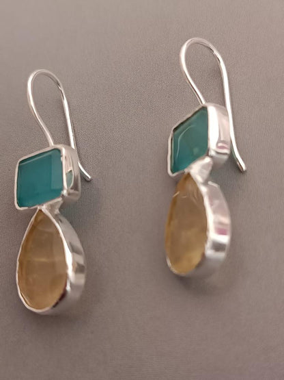 Two stone earrings yellow quartz and blue quartz, Sterling silver. 