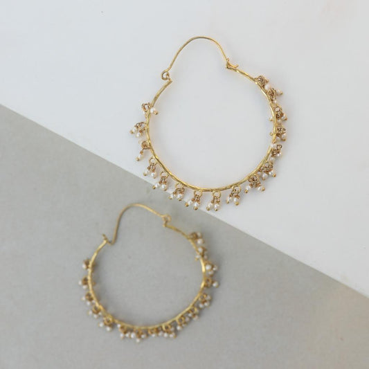 Sterling silver hoops with 1 micron gold plating and pearls. 