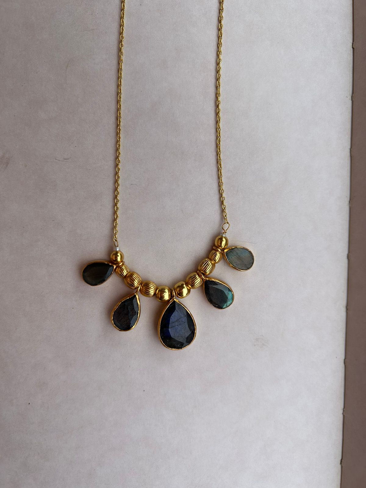 Labradorite necklace, sterling silver, 24 karat gold plating, faceted labradorite stones. 