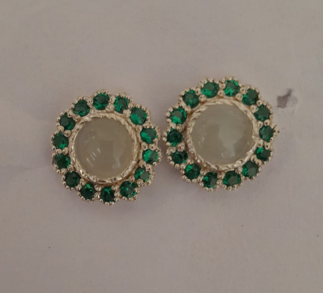 Moonstone green onyx stud Sterling silver earrings, Moonstone and green quartz. 
