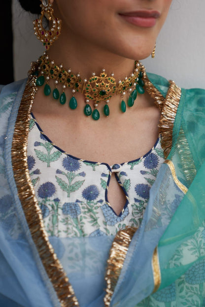 Sterling silver Choker Pan Drops, Green Onyx & Pearls, 24 karat gold plating with Sarafa thread closure.