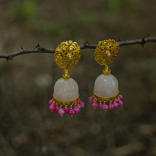 Rose quartz rose stone jhumka with carving
Pink onyx drops.