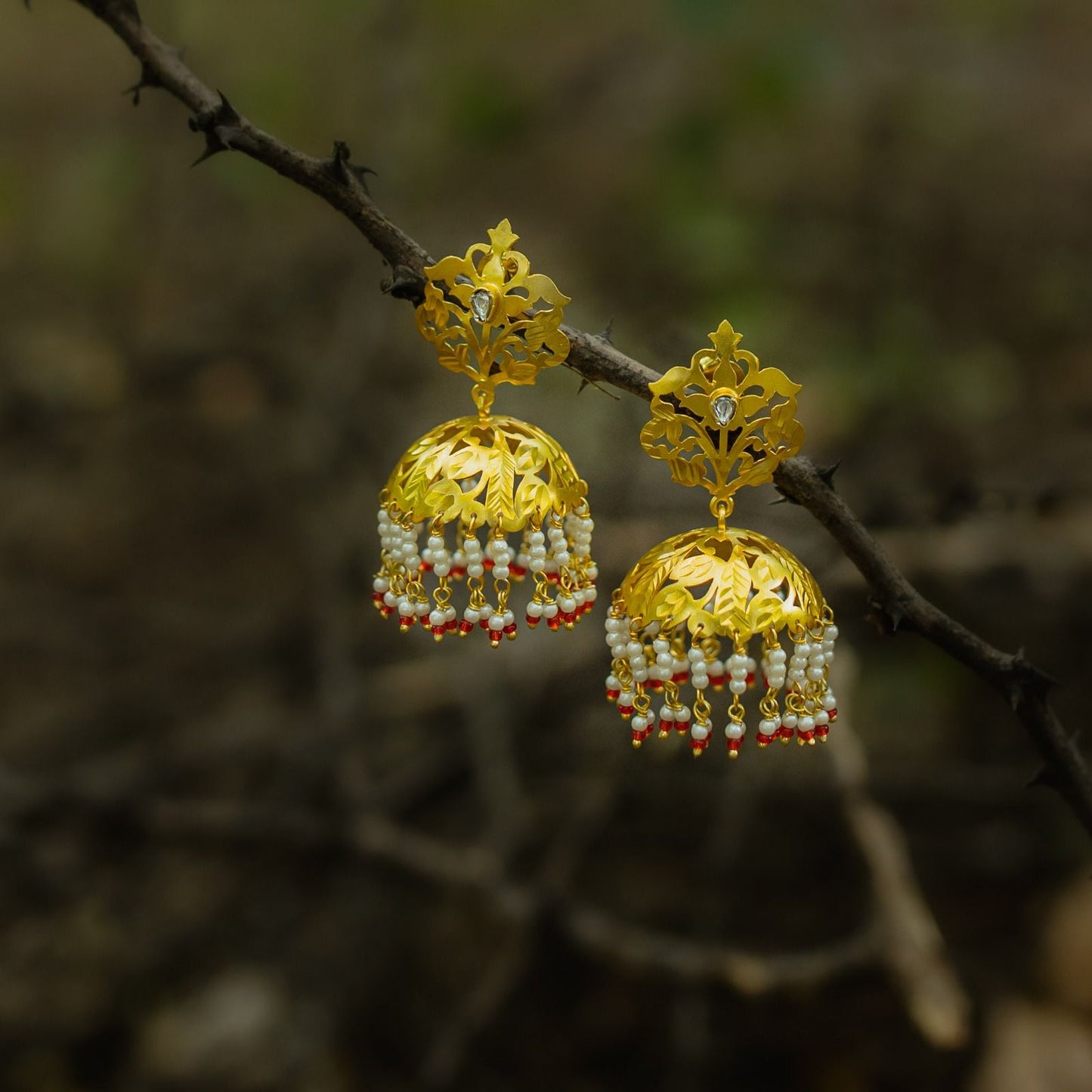 Sterling Silver Jhumka with moti chunni poooai, 18k Gold Plating, Pearls with Billor Polki.