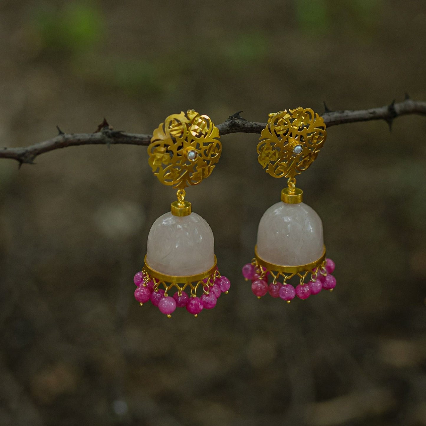 Rose quartz stone jhumka with rose berry drops, Jadau tops, Sterling silver with 24 karat Gold plating.