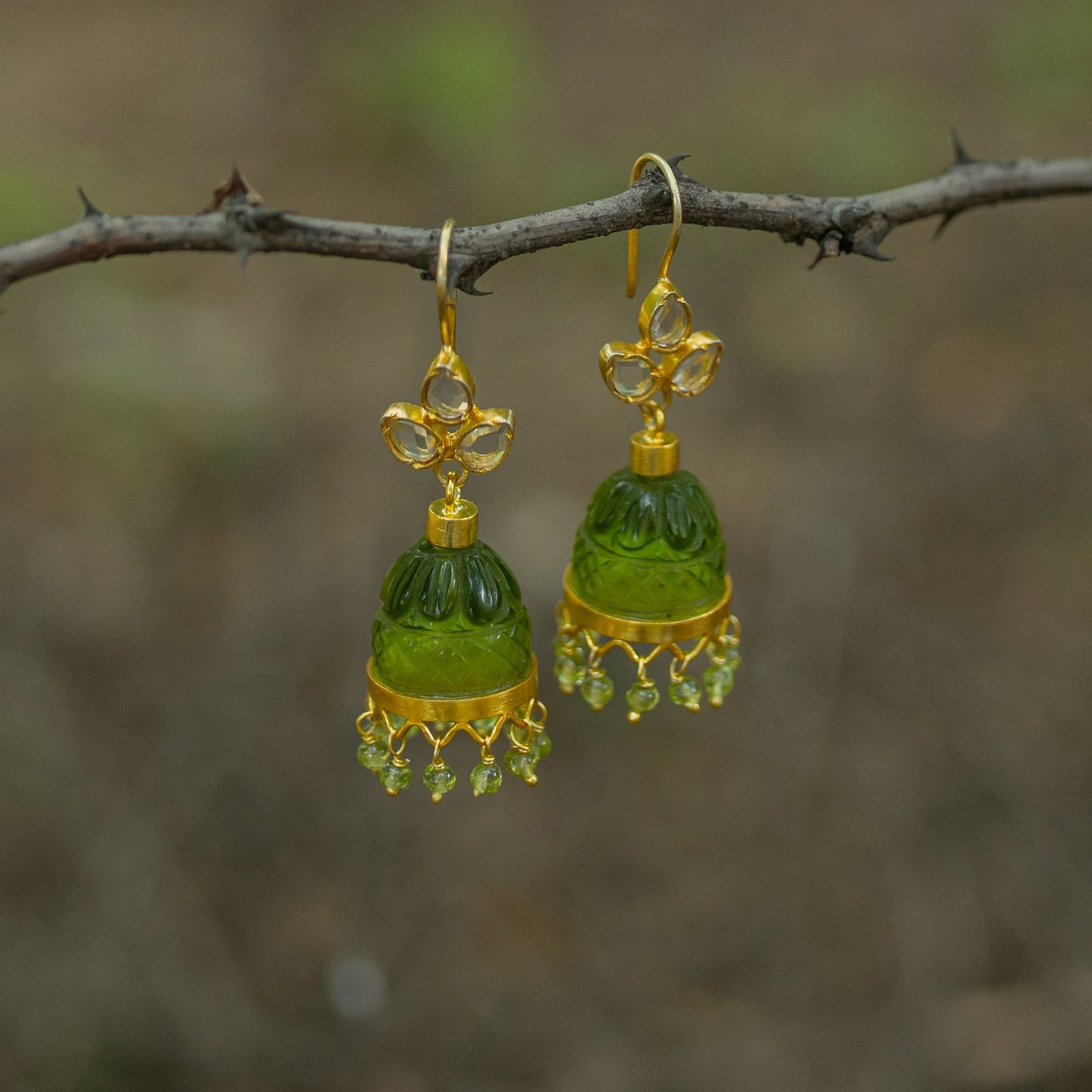 Green onyx stone jhumka with peridot drops, sterling silver tops with crystal, 24k Gold Plating.