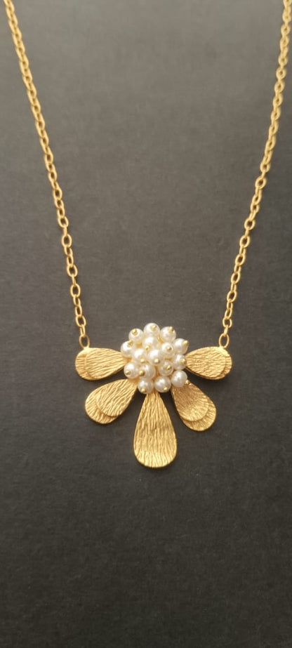 Sterling Silver flower pendant chain with hammering and fresh water Pearls in 1 micron gold plating.