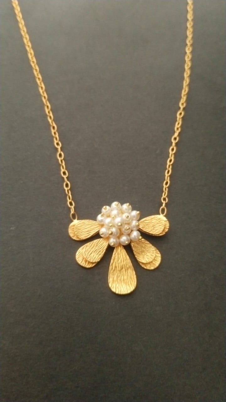 Sterling Silver flower pendant chain with hammering and fresh water Pearls in 1 micron gold plating.