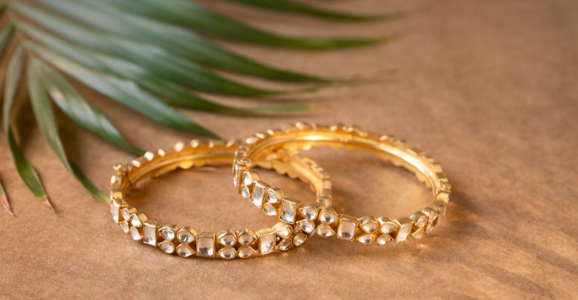 Silver Gold plated pan Chaukor bangles in Billor Polki.