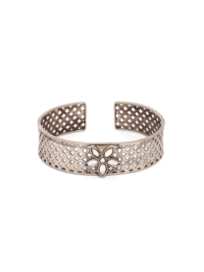 Adjustable Sitara bracelet with Polki stones in Sterling silver, jaali work.
