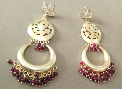 Chand jaali Chandbali Earrings with red Quartz in Sterling Silver with micron plating.