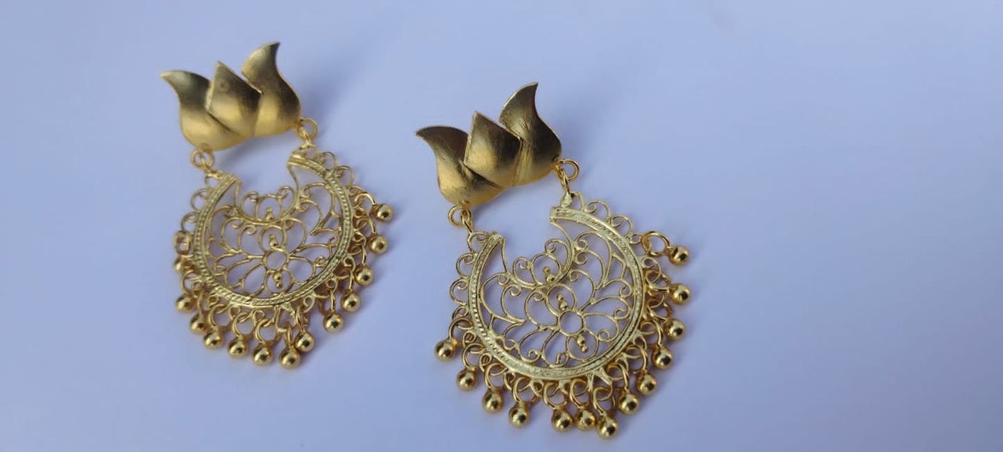 Kamal jaali Chandbali Earrings with ghungroos in Sterling silver with micron plated.