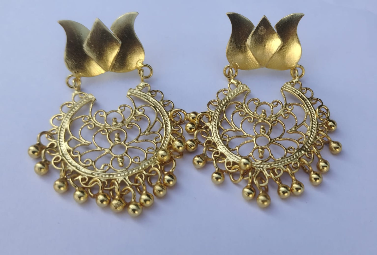 Kamal jaali Chandbali Earrings with ghungroos in Sterling silver with micron plated.