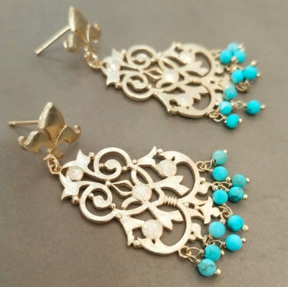 Filigree Turquoise earrings in 92.5 Sterling Silver with 1 micron Gold plating.