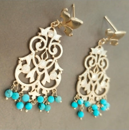 Filigree Turquoise earrings in 92.5 Sterling Silver with 1 micron Gold plating.