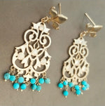 Load image into Gallery viewer, Filigree Turquoise earrings in 92.5 Sterling Silver with 1 micron Gold plating.
