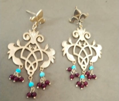 Filigiri turquoise and red Quartz earrings in 92.5 Sterling silver with micron Gold plating.