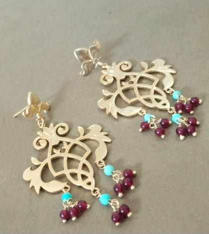 Filigiri turquoise and red Quartz earrings in 92.5 Sterling silver with micron Gold plating.