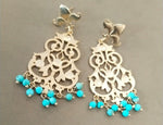Load image into Gallery viewer, Filigree Turquoise earrings in 92.5 Sterling Silver with 1 micron Gold plating.
