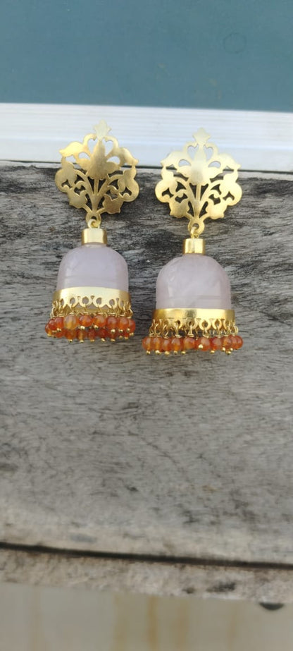 92.5 Sterling Silver in Gold plated Rose Quartz stone Jhumka with carnelian beads.