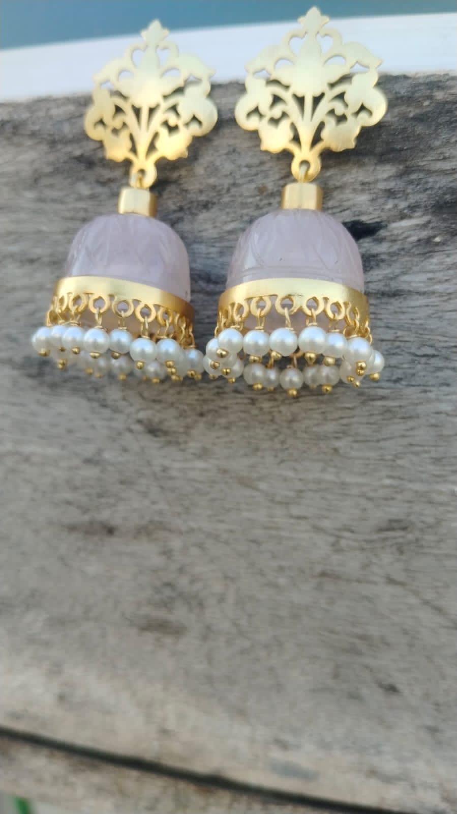 92.5 Sterling Silver Gold plated rose Quartz stone jhumka with pearls.