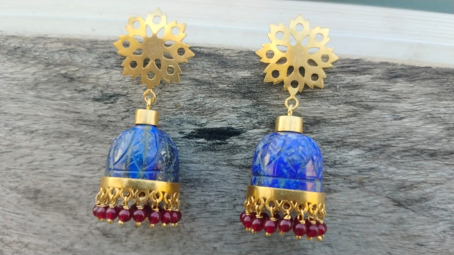 92.5 Zterling Silver Gold plated Lapis Lazuli stone jhumki with red Quartz beads.