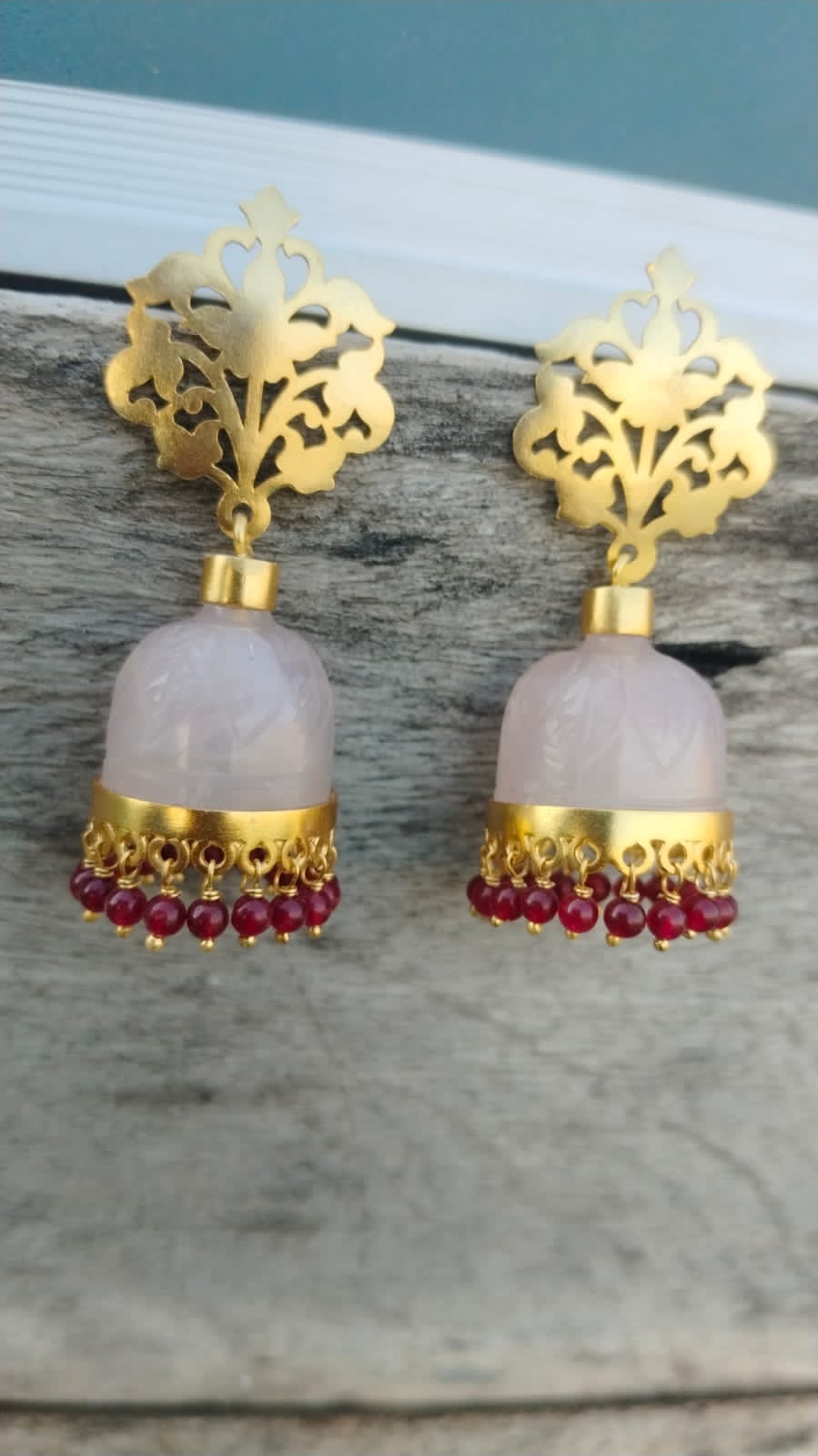 92.5 Sterling Silver Gold plated rose Quartz stone jhumka with red Quartz beads.