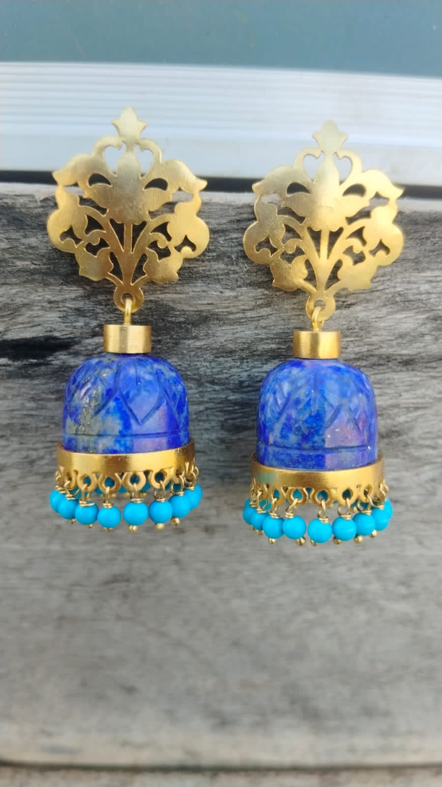 92.5 Sterling Silver Gold plated Lapis Lazuli stone jhumki with Turquoise beads.
