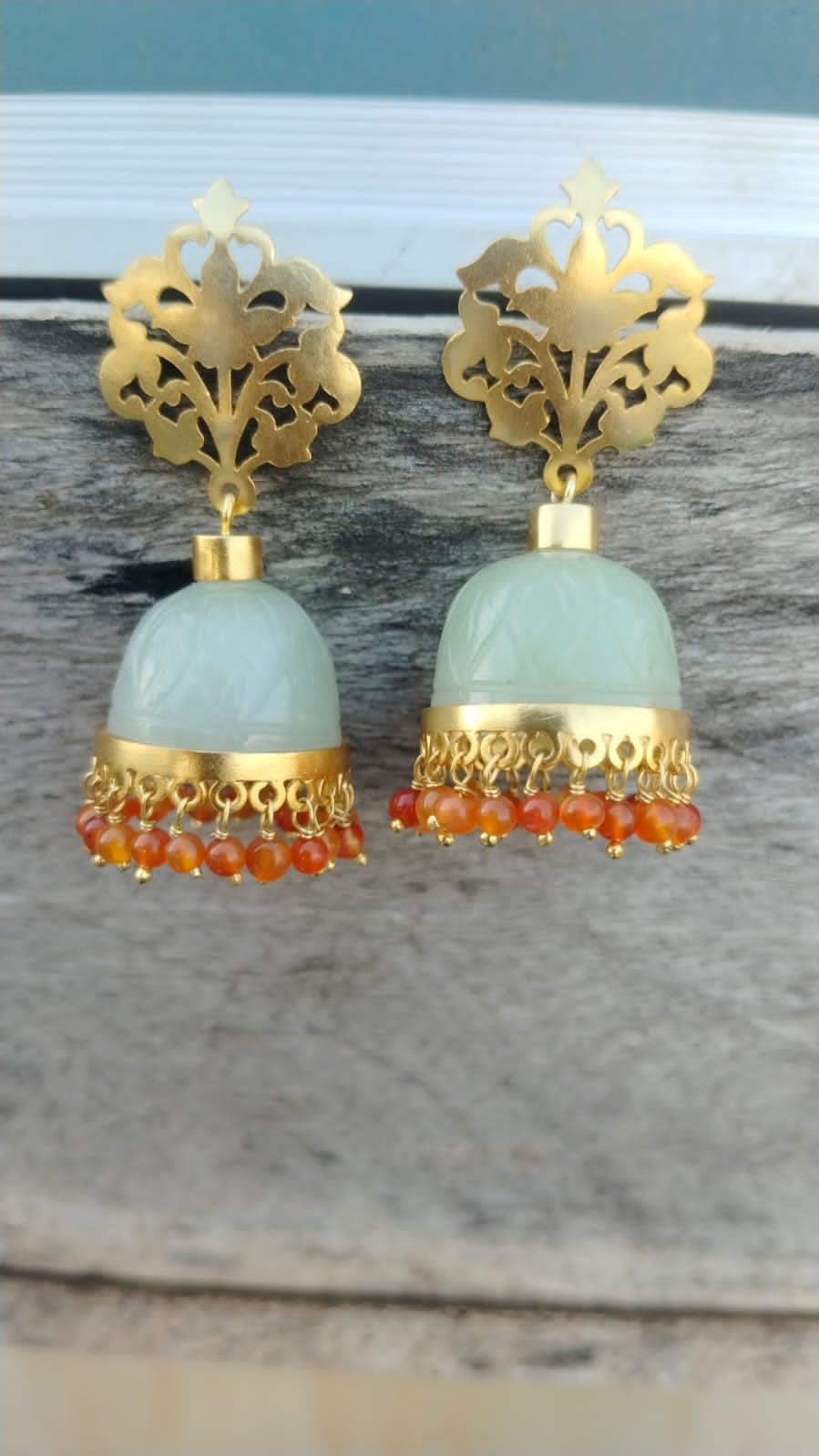 92.5 Sterling Silver Gold plated grapes aventurine stone Jhumka with Carnelian beads.