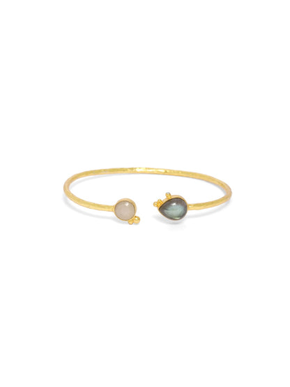 Bracelet in 92.5 sterling Silver, Gold plated rose Quartz and Labrodorite adjustable bangle.