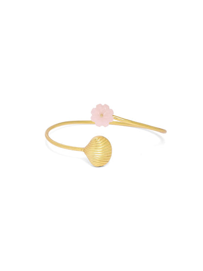 Bracelet carved with pink Chalcydony stone set in sterling Silver with micron Gold plating, adjustable stacking bracelet.