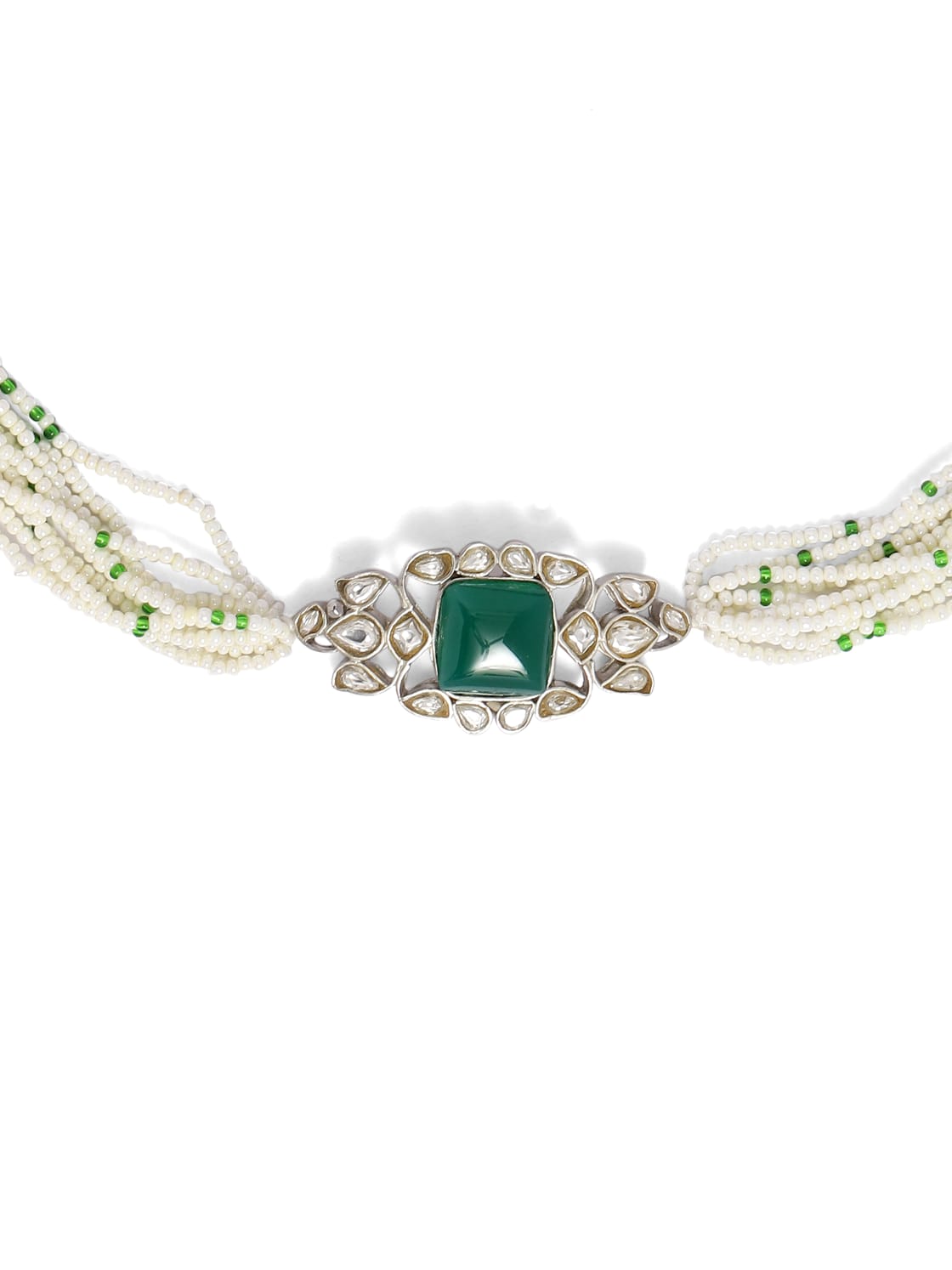 Handcrafted sterling Silver choker with billor Polki, green onyx and cultured pearls in Sarafa closure.