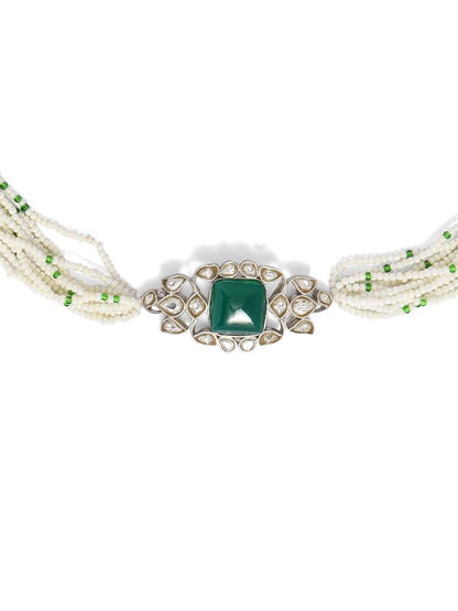 Handcrafted sterling Silver choker with billor Polki, green onyx and cultured pearls in Sarafa closure.