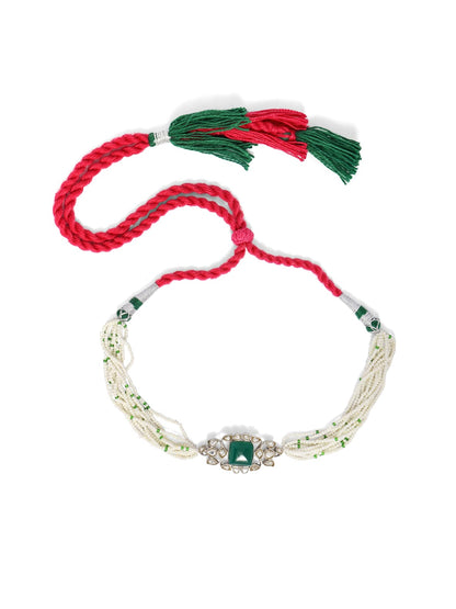 Handcrafted sterling Silver choker with billor Polki, green onyx and cultured pearls in Sarafa closure.