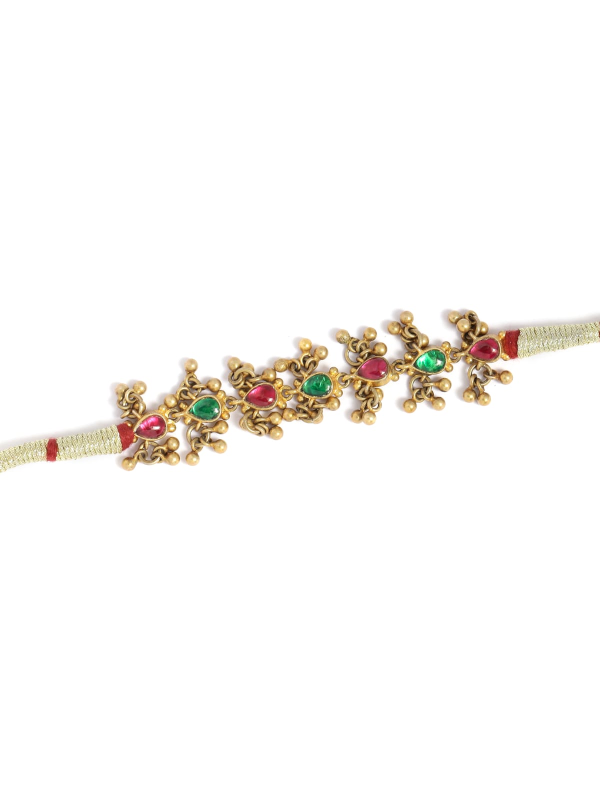 Sterling Silver Paunchi bracelet with micron Gold plating, red and green Onyx with ghungroos, adjustable.