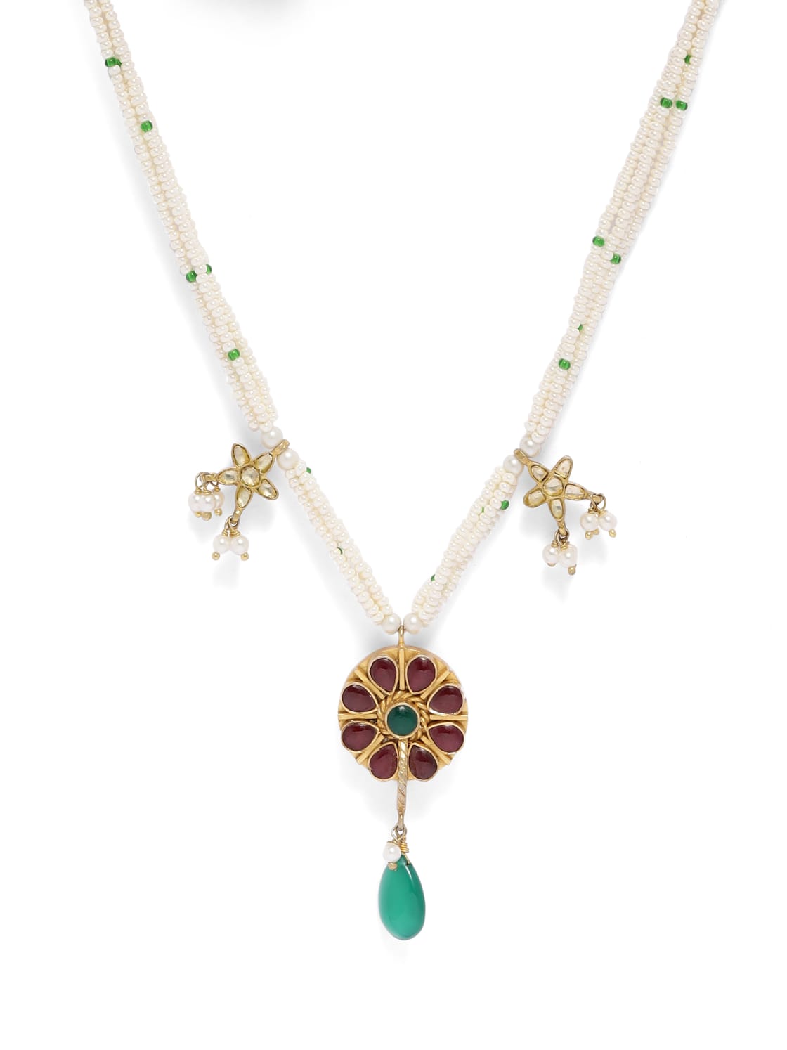 92.5 sterling Silver, Gold plated jadau Polki with Pearl string with green Onyx bead necklace.