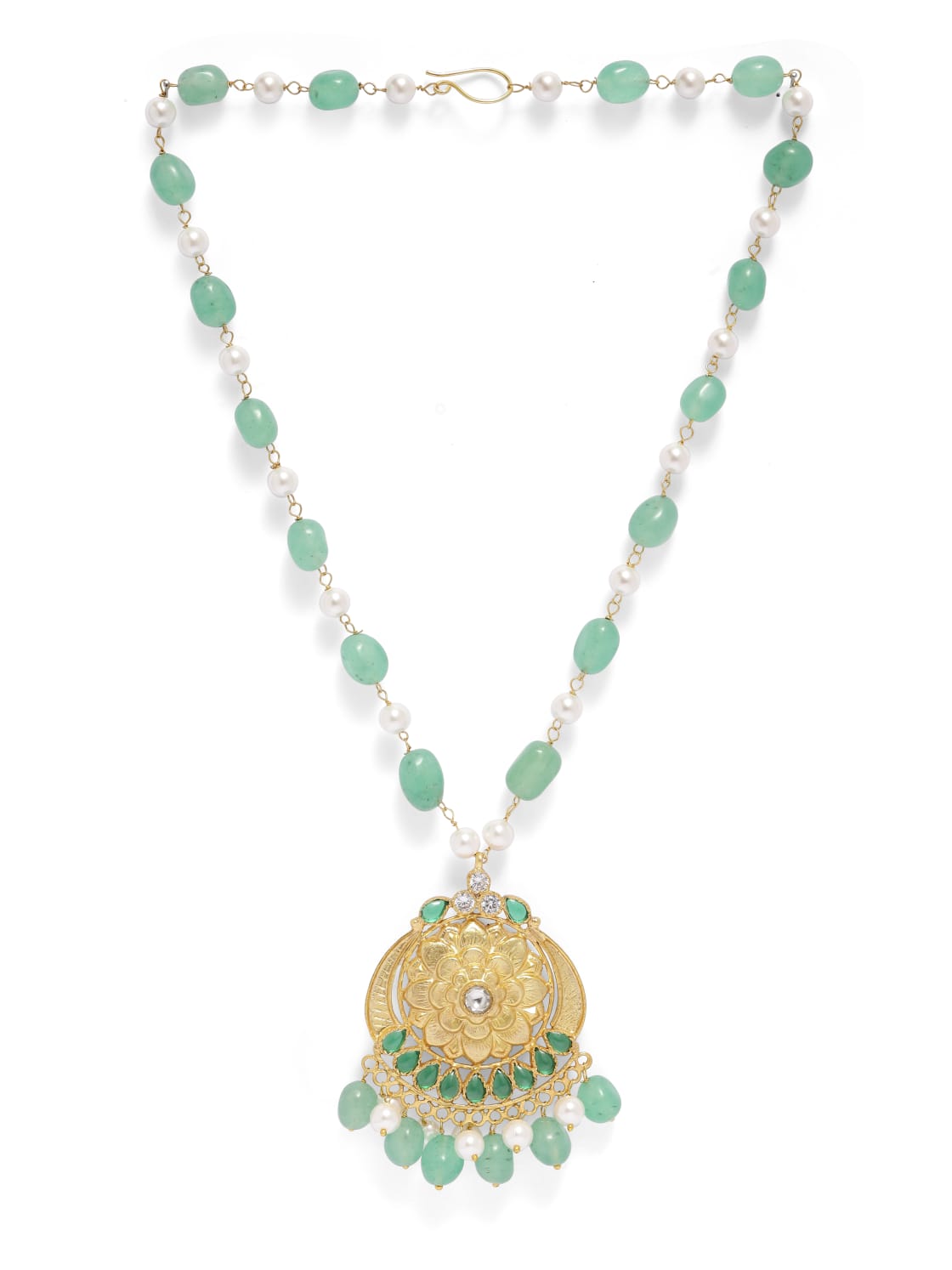 92.5 sterling Silver Gold plated Jadau traditional Pearls with green beads chain necklace.