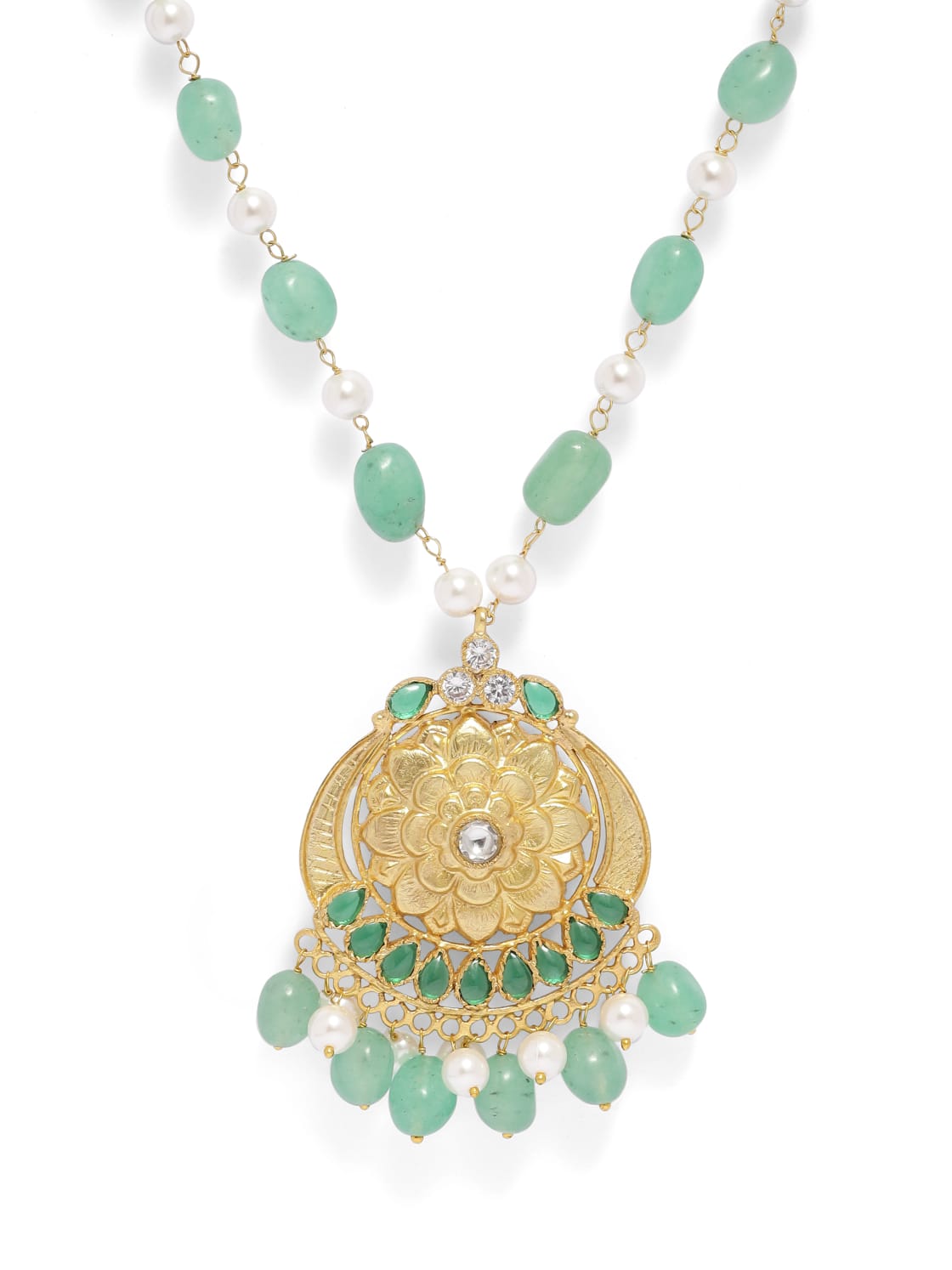 92.5 sterling Silver Gold plated Jadau traditional Pearls with green beads chain necklace.
