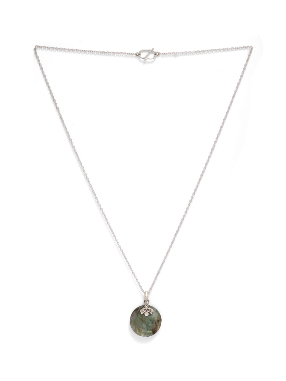 92.5 sterling silver Necklace with faceted labradorite stone in silver work.