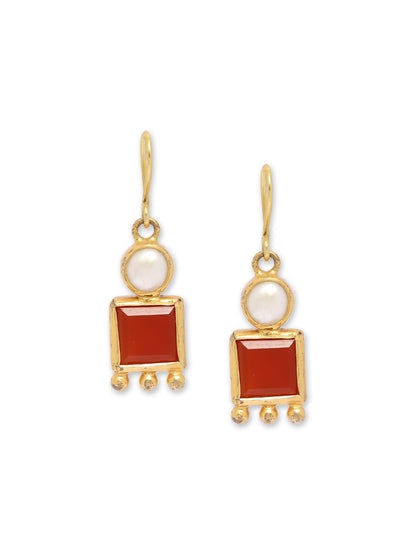 92.5 sterling Silver Gold plated pearl Red Onyx hook earrings.
