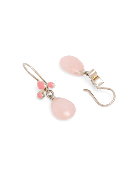 Rose Quartz earrings with enamelled tops in baby pink color.