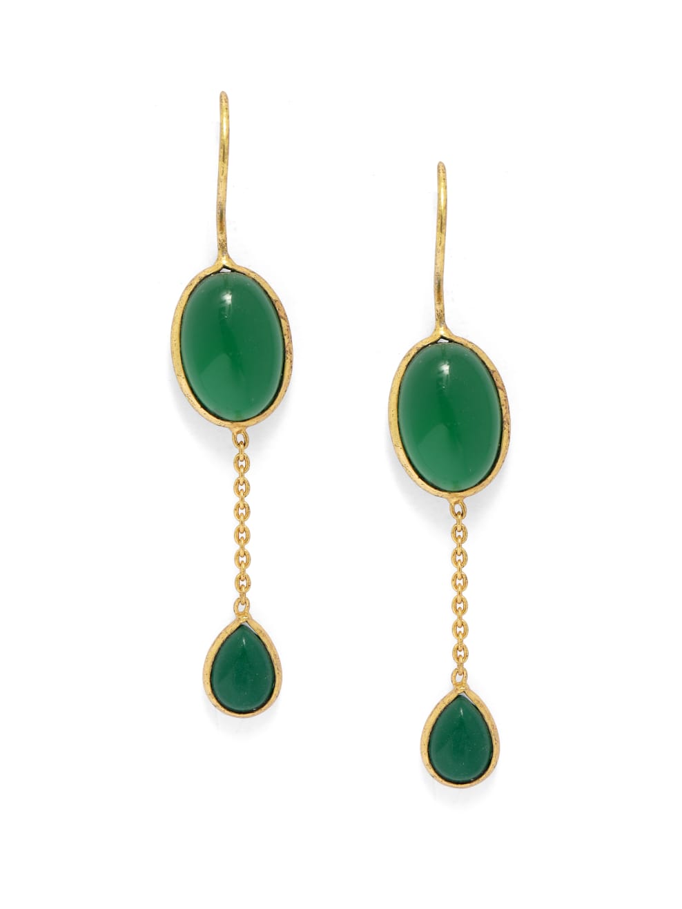 Sterling Silver hook earrings with double Green Onyx stones and chain in micron Gold plating.