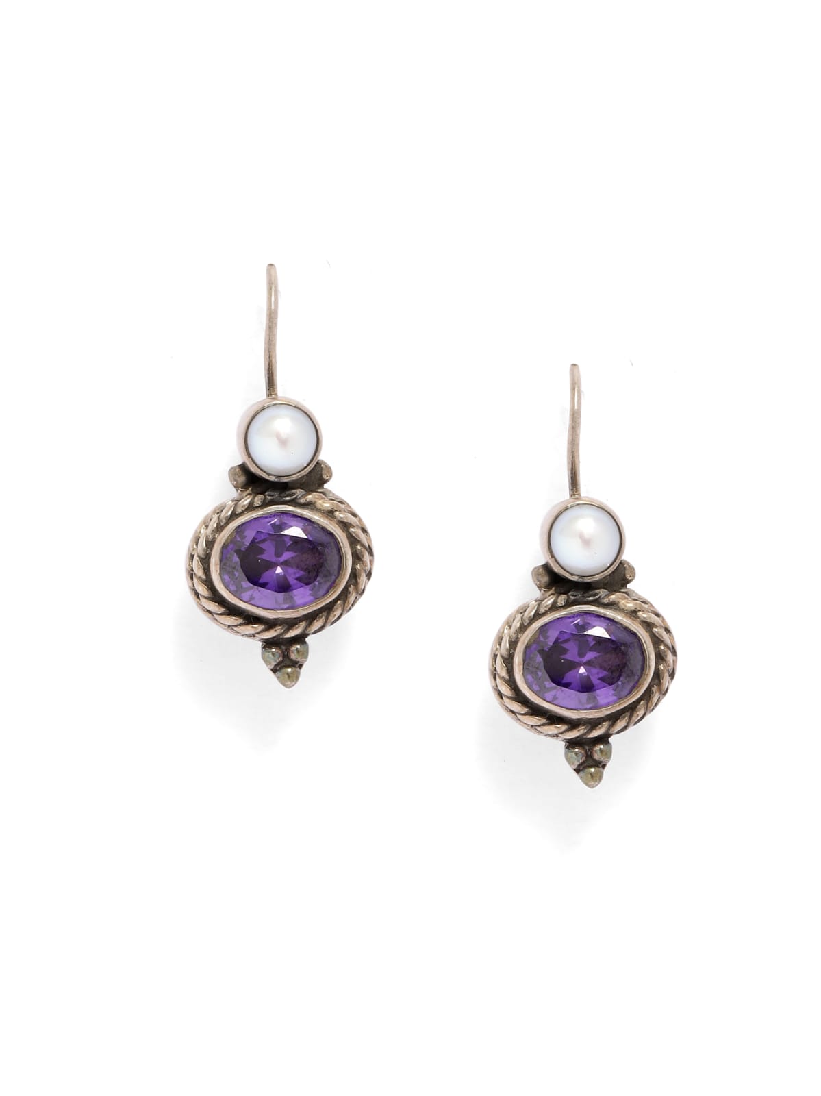 Sterling Silver hook earrings with Pearls and faceted Amethyst stones in Oxidised plating.