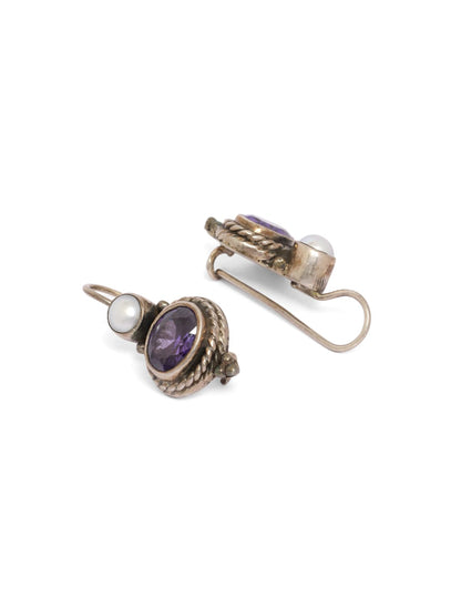 Sterling Silver hook earrings with Pearls and faceted Amethyst stones in Oxidised plating.