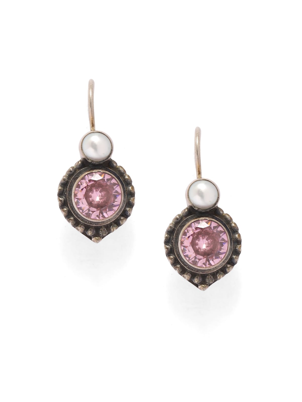 Sterling Silver hook earrings with Pearls and faceted cubic Zirconia in Oxidised plating.