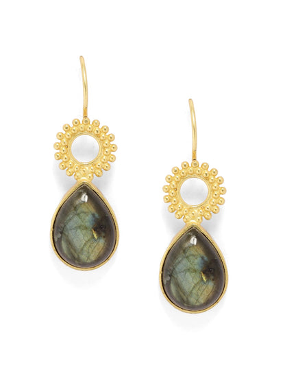 Sterling Silver hook earrings with Labradorites in micron Gold plated.