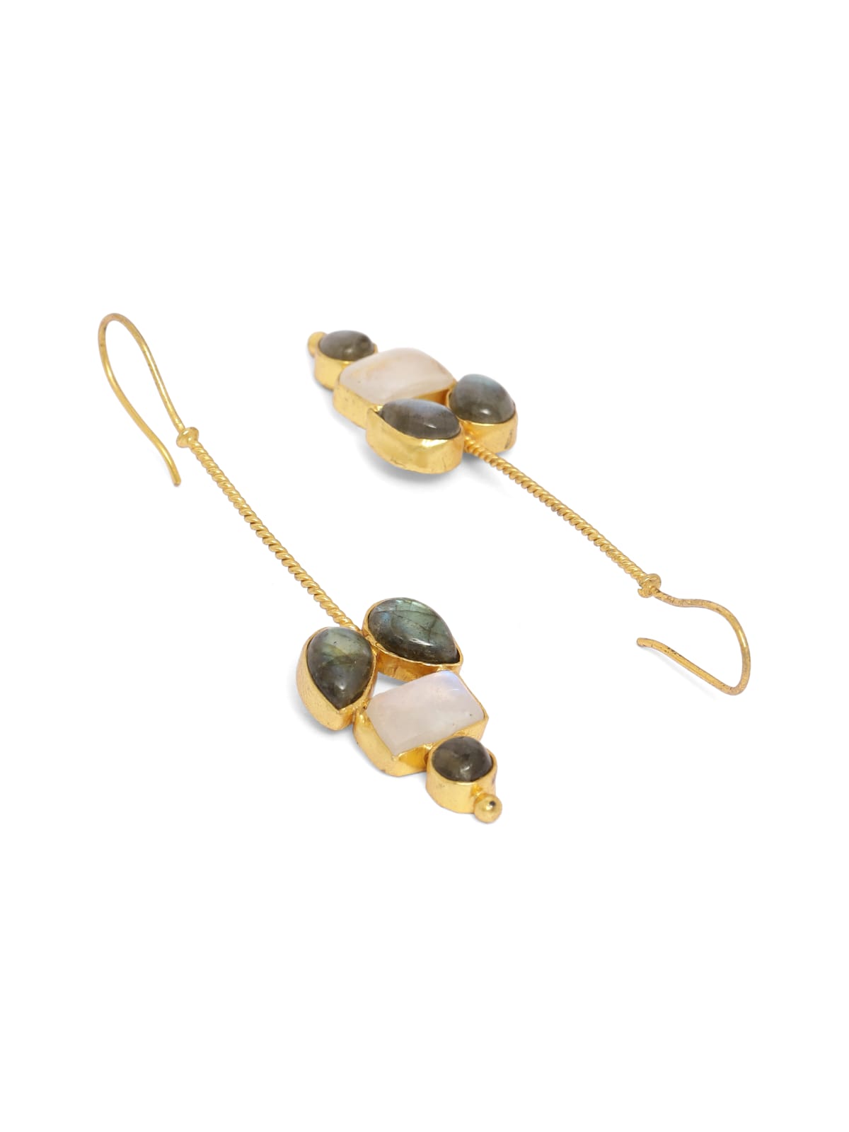 Sterling Silver hook earrings with Labradorites and Moonstones in micron Gold plating.