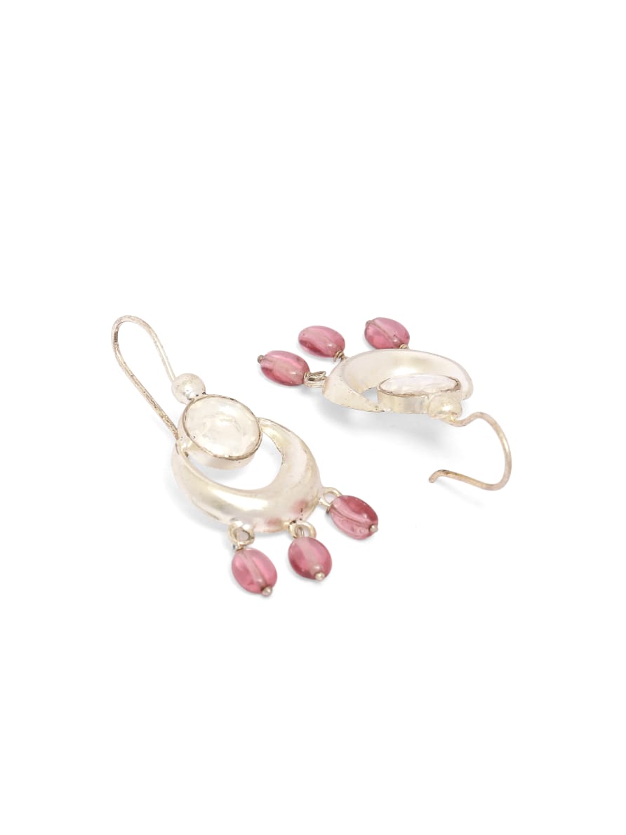 92.5 sterling Silver Polki with pink Quartz beads hook earrings.