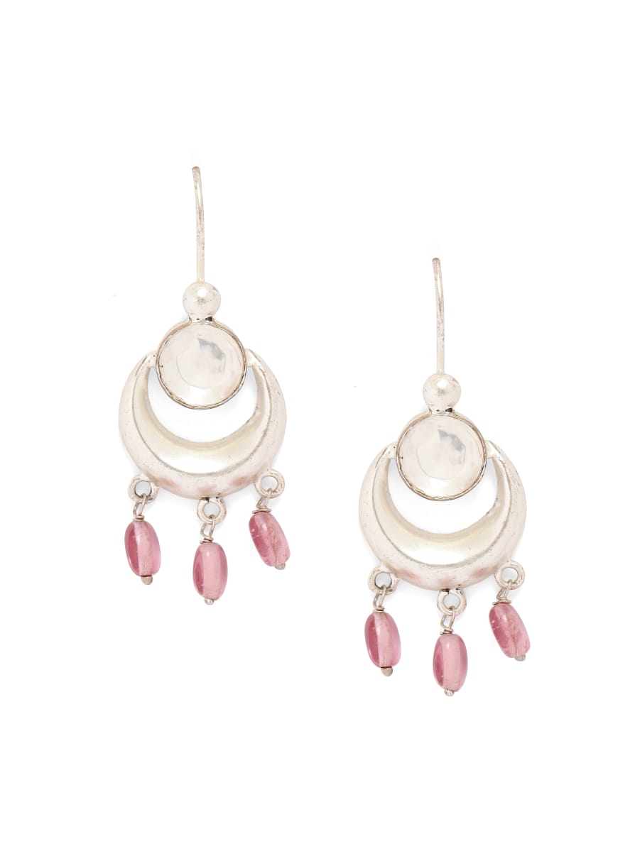 92.5 sterling Silver Polki with pink Quartz beads hook earrings.