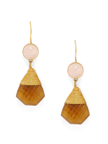 92.5 sterling Silver Gold plated rose Quartz with yellow Aventurine checker cut stone hook earrings.