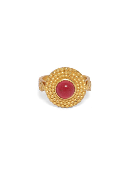 Rawa ring with red Quartz set in sterling Silver, micron Gold plated, adjustable.
